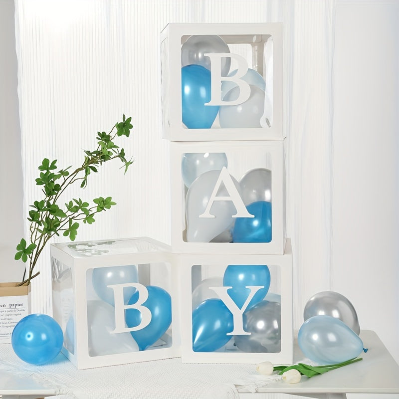 4-piece set of 9.85-inch baby gift box with BABY letters, including a white transparent square box and a transparent balloon box for birthday party decoration and gender reveal gifts (balloons not included).