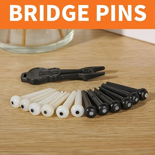 13 piece Guitar Bridge Pins Set with Guitar Pins Puller and ABS Bass Pins, ideal for string maintenance and replacement parts.