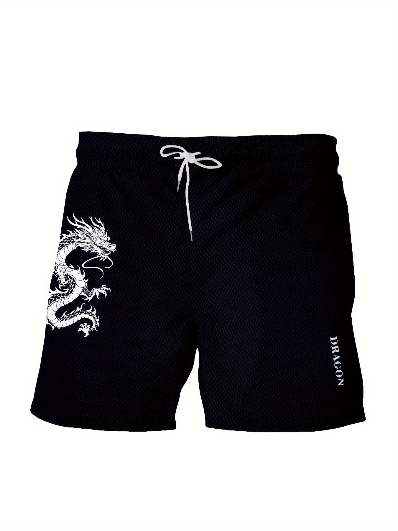 Men's Dragon Print Beach Shorts with Quick-Dry, Elastic Waist, Black Polyester, PLUS SIZE