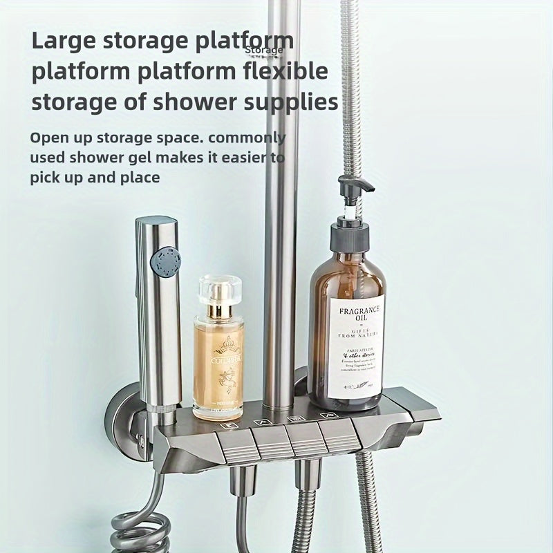 Aluminum 4-Way Shower System with Thermostatic Mixer Valve, Rainfall Shower Head, Handheld Wand, Bidet Sprayer, and Tub Outlet - No Electricity Needed