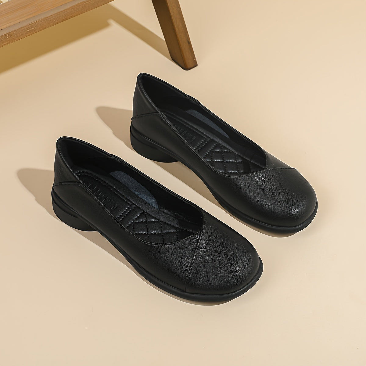 Minimalist women's dress shoes: Lightweight microfiber flats with round toe, solid color, rubber sole. All-season work footwear, no need to wash. Crafted in Huizhou.