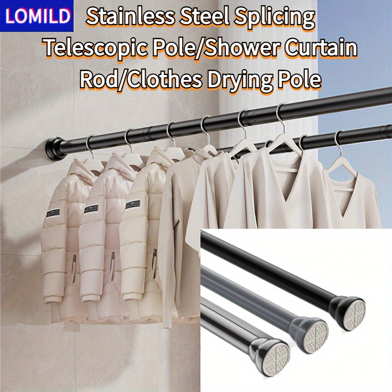 Lomild stainless steel tension shower curtain rod in black, extendable for hanging clothes or curtains without drilling, suitable for use in bedroom, bathroom, or balcony.