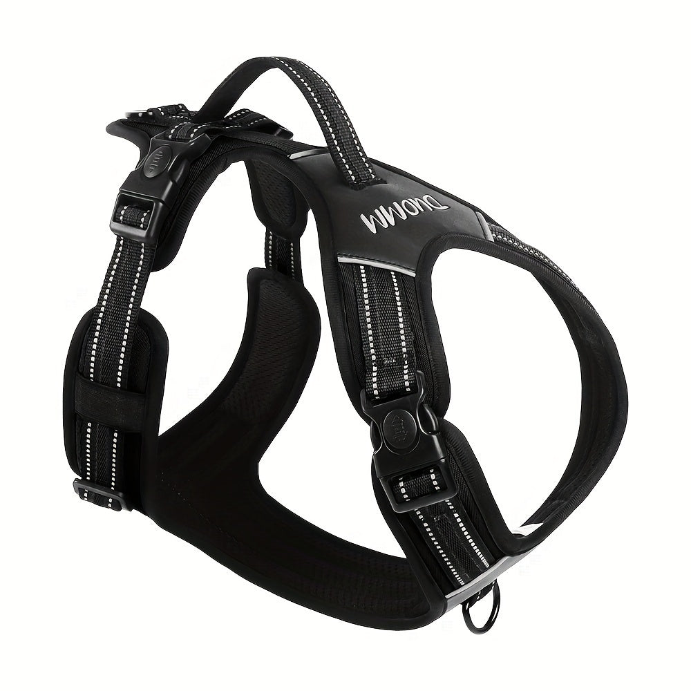 Polyester adjustable dog harness, hand-washable, with reflective material, easy-grip handle, and D-ring. Suitable for large breeds and outdoor walks.