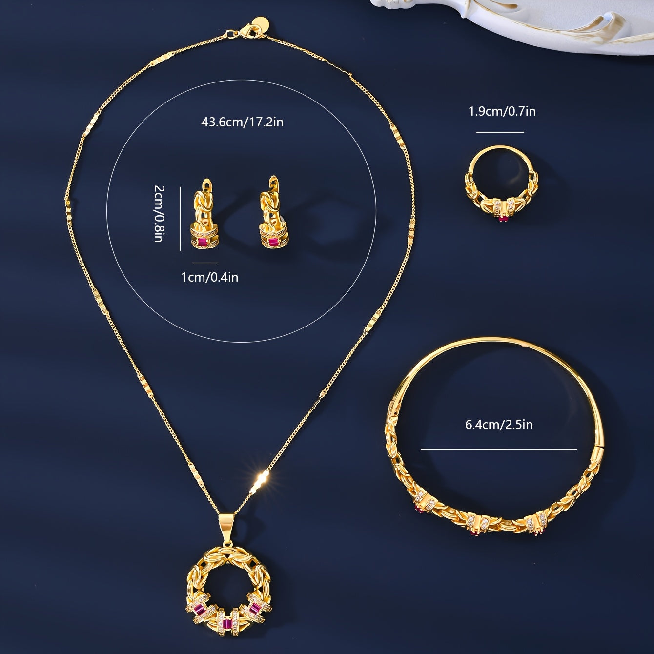 Luxurious Dubai-inspired jewelry set crafted with simple brass material and 18k Gold Plating, adorned with Zirconia stones. This elegant 5-piece set includes a necklace, earrings, bracelet, and ring, perfect for daily wear or as a special gift. The Retro