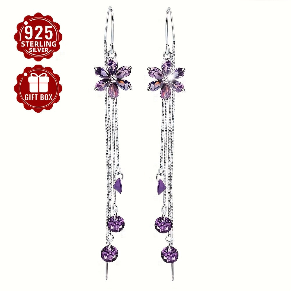 Pair of 925 Sterling Silver Purple Flower Tassel Earrings, Elegant and Versatile for Everyday Wear, Beautiful Jewelry Gift Weighing Approximately 4.33g