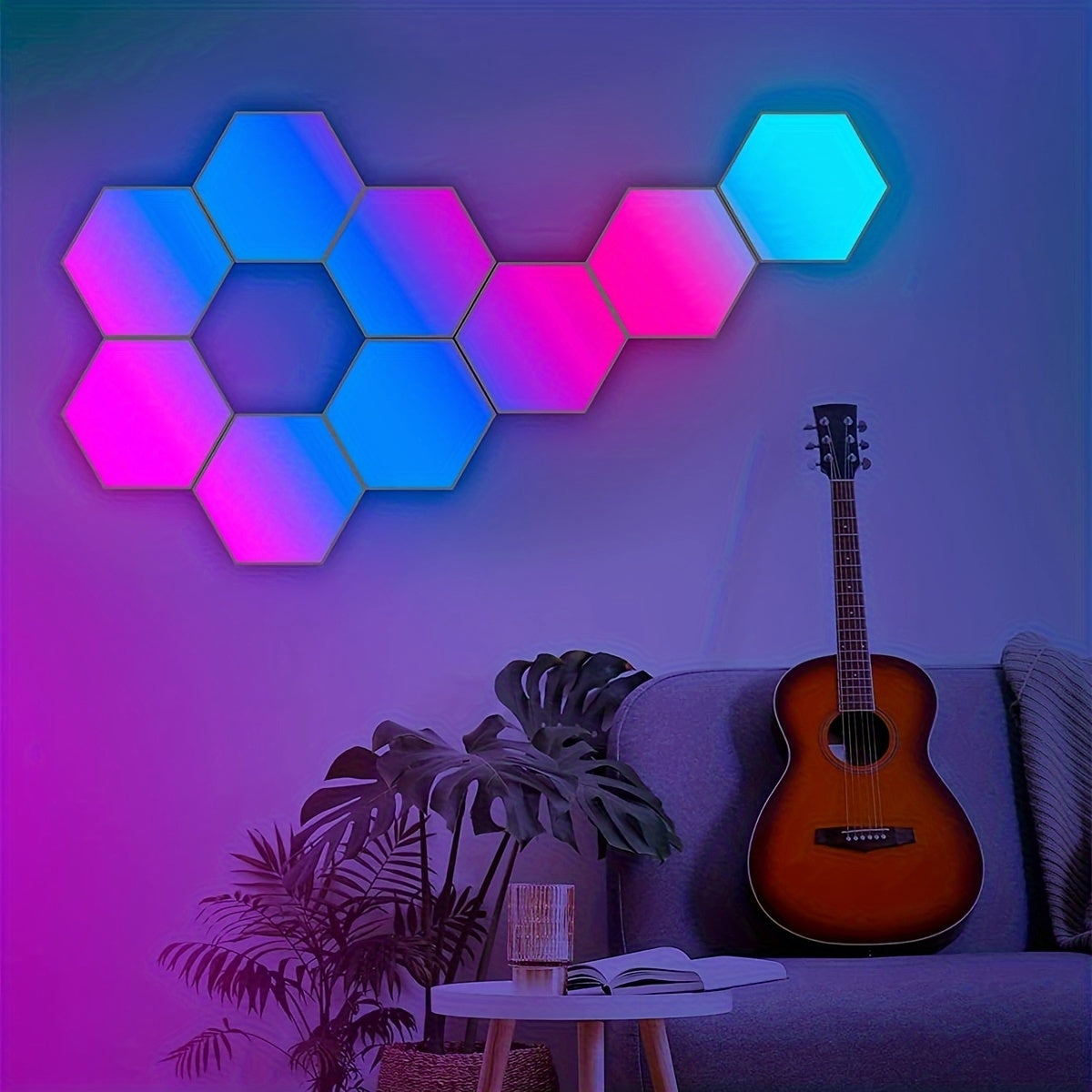 10 smart hexagon LED lights with RGBIC, app & remote control, music sync, USB powered. Ideal for gaming room, bedroom, living room decor.