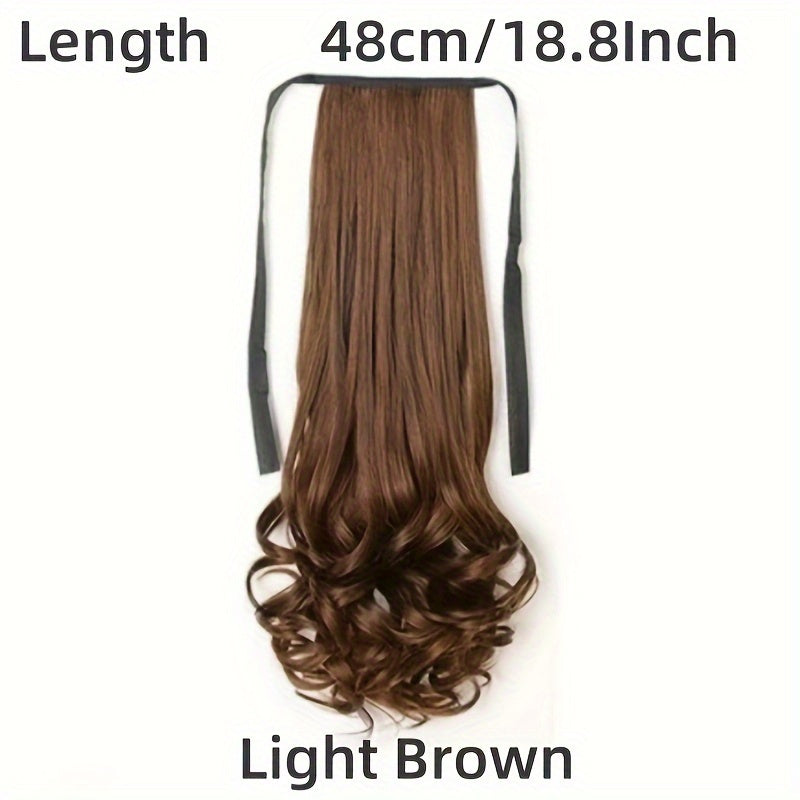 Stylish brown ponytail wig with ribbon tie made of high-temperature synthetic hair, perfect for all women.