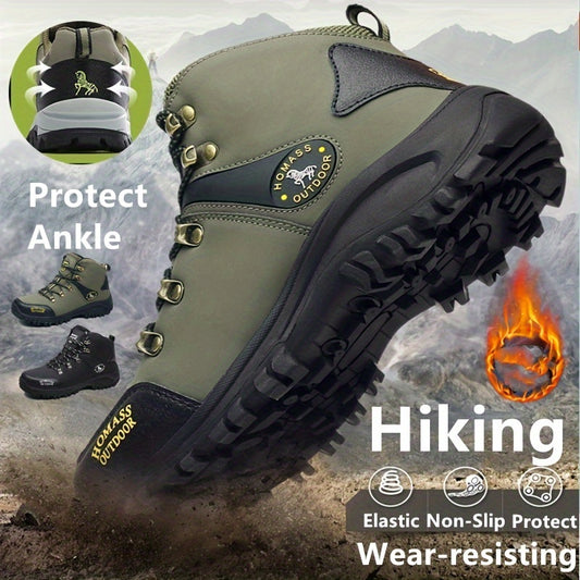 Vintage-style men's hiking boots with warm, durable, non-slip design and elastic ankle support. PU upper, rubber sole, lace-up closure. Ideal for all-season adventures.