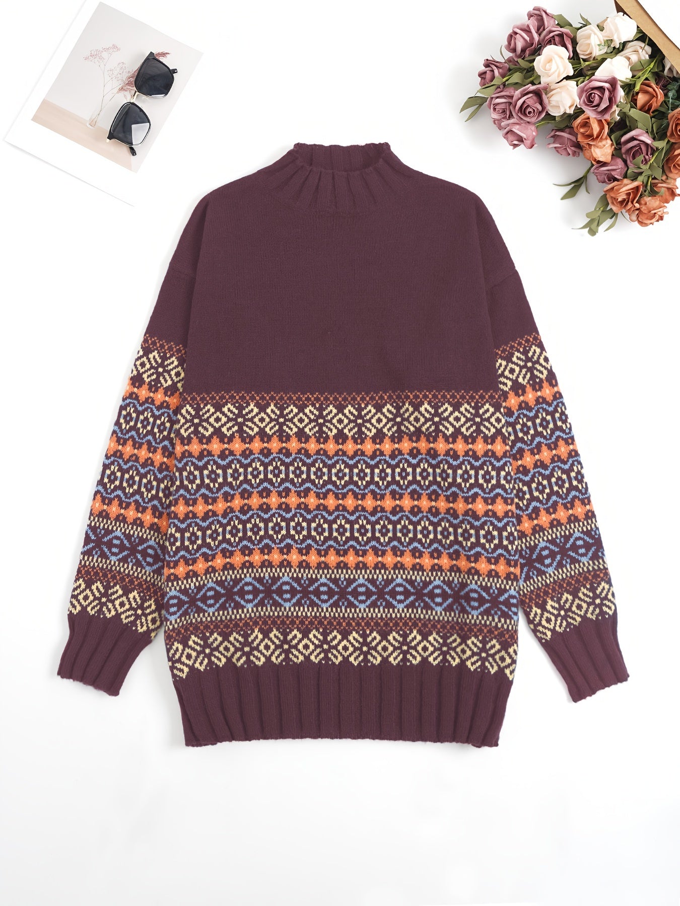 Women's plus size geometric pattern high neck sweater in polyester knit with medium stretch, thick long sleeves, ideal for fall/winter.