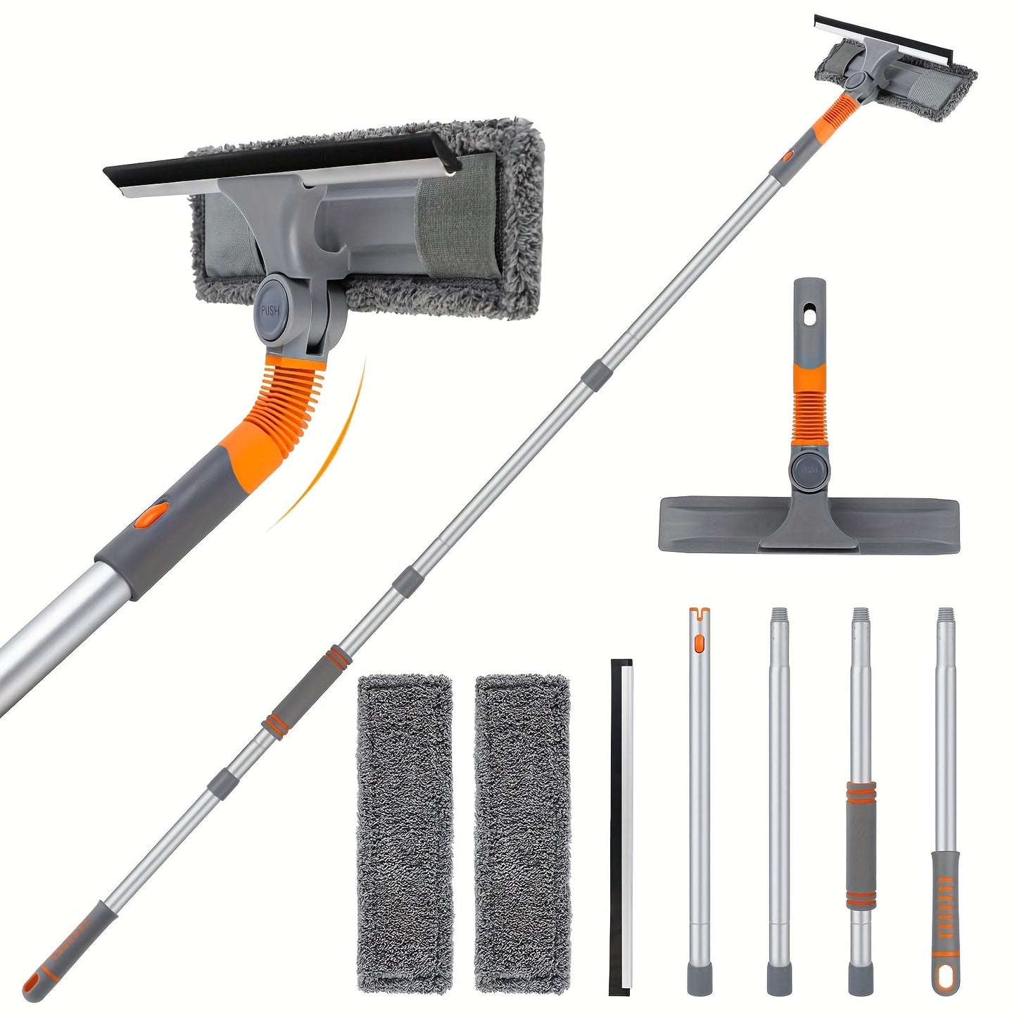 Window cleaning kit with extension pole featuring a flexible head squeegee and washer, perfect for indoor and outdoor high windows. Great for bedrooms, living rooms, bathrooms, and other glass cleaning tasks.