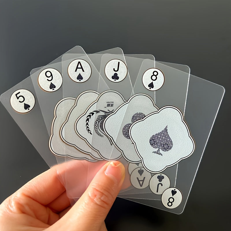 Waterproof transparent plastic playing cards with creative crystal design. Durable PVC material, suitable for ages 14+. Ideal for board games and classic card games.