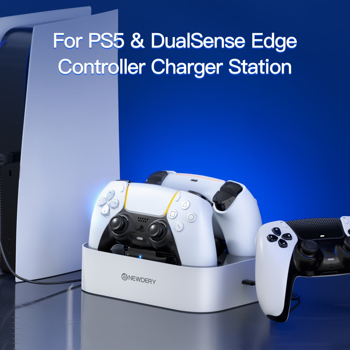 Newdery USB charging dock for PS5 and DualSense Edge controllers, fast 2.5h charging station with LED indicator, compatible stand for PlayStation 5 gamepad, durable plastic material, no