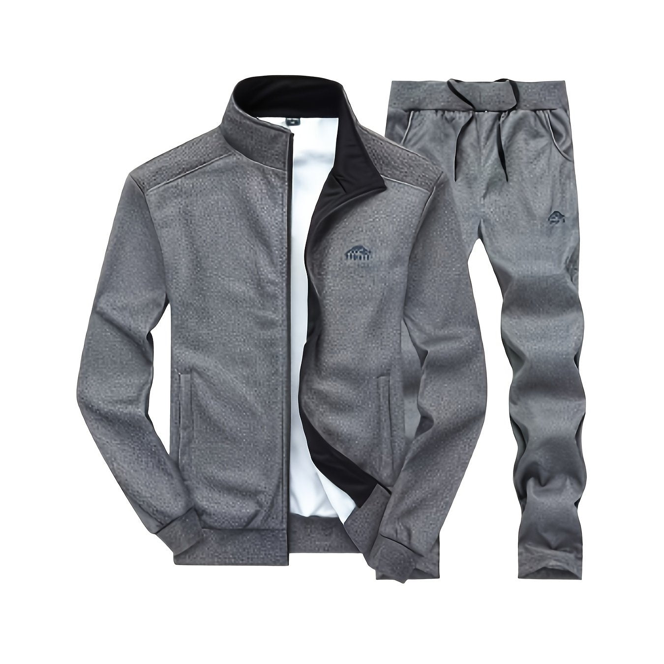 Men's embroidered polyester sports suit set with long sleeve zip-up jacket and pants, slight stretch knit fabric, casual to athletic fit, stand collar for spring/fall.