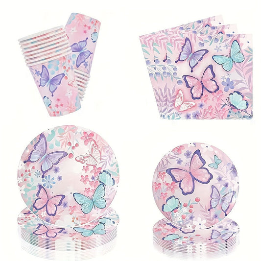 Eco-friendly Butterfly Themed Disposable Tableware Set includes 50 pieces - Paper Plates, Napkins, Cups for Birthday Party Decorations, Requires No Electricity.