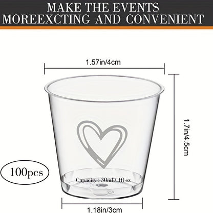 50 or 100 elegant heart-shaped disposable plastic cups with lids, ideal for weddings and parties. Recyclable, lead-free, and shatterproof, perfect for serving coffee, desserts, and more.