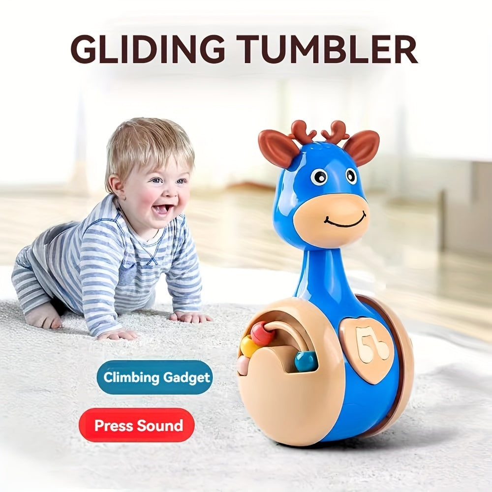 This musical giraffe tumbler toy is a fun and engaging interactive toy for babies and toddlers. It serves as an educational crawling companion with sound effects and colorful beads to keep little ones entertained. Made from durable plastic material, this