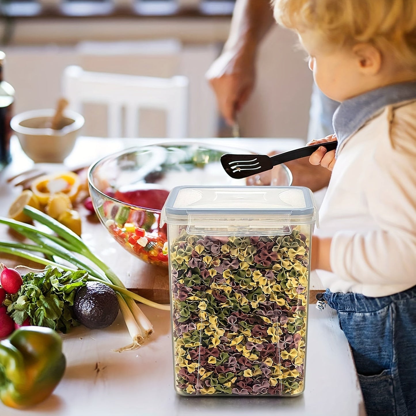 A set of four airtight food storage containers with lids, each holding 5.2 liters or 175 ounces. Made of plastic, these containers are perfect for organizing your pantry during the Christmas holiday season. They are ideal for storing flour, snacks