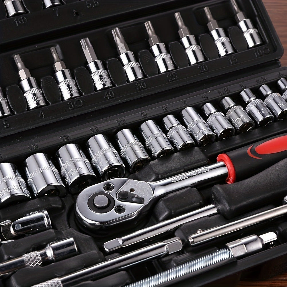 A comprehensive 46-piece professional sleeve set featuring an iron ratchet wrench with a 1/4 inch drive, versatile multi-function screwdriver head sleeve, precise metric measurements, and a convenient extension rod. Ideal for car repair and maintenance