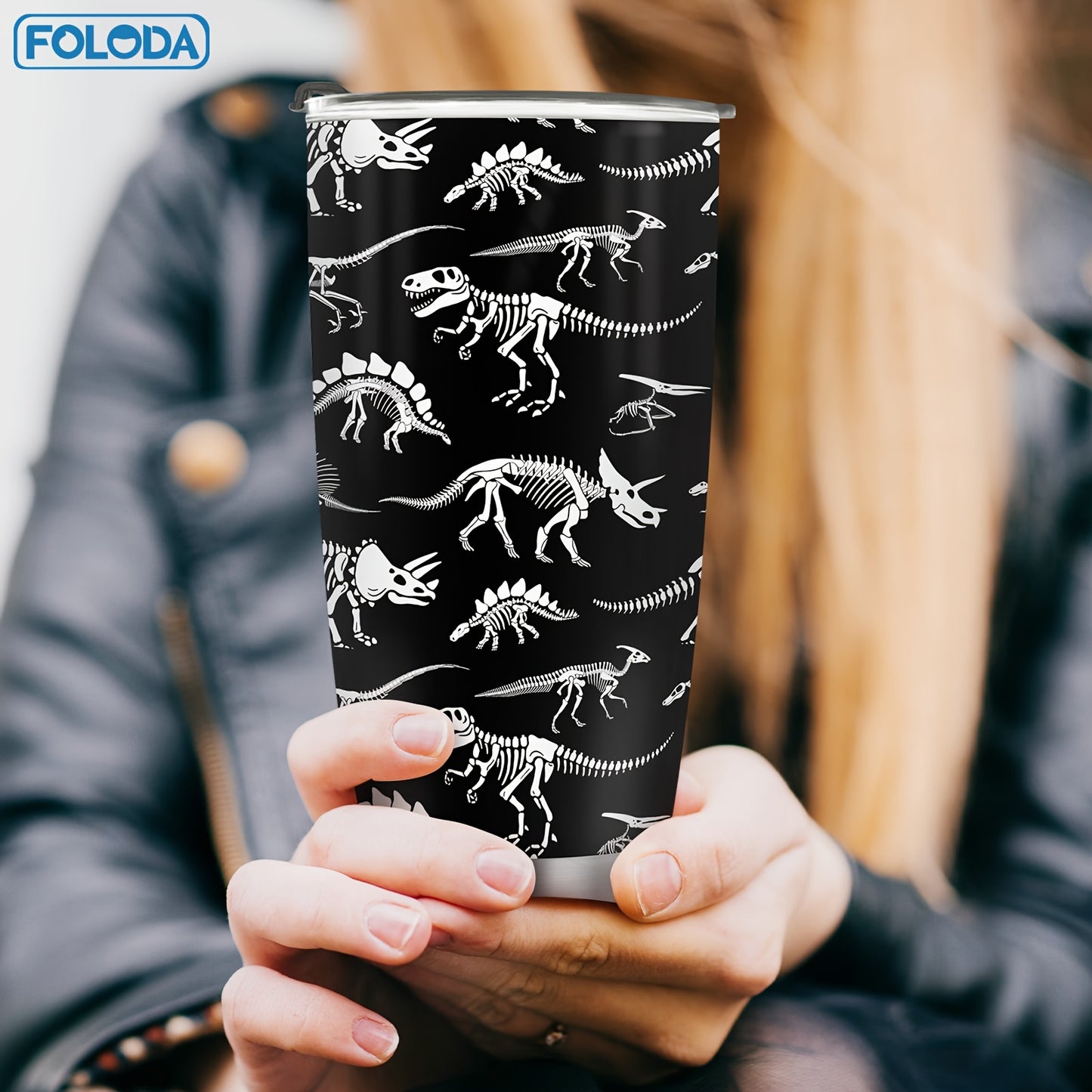 Foloda Dinosaur zanglamas po'latdan yasalgan izolyatsiyalangan tumbler 20oz - issiq/sovuq ichimliklar uchun ideal, oval shakl, oqmaslik uchun flip qopqoq, har qanday tadbir uchun mukammal sovg'a.