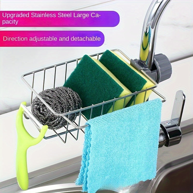 An functional storage solution for your kitchen sink, perfect for keeping sponges, cloths, and various items organized.