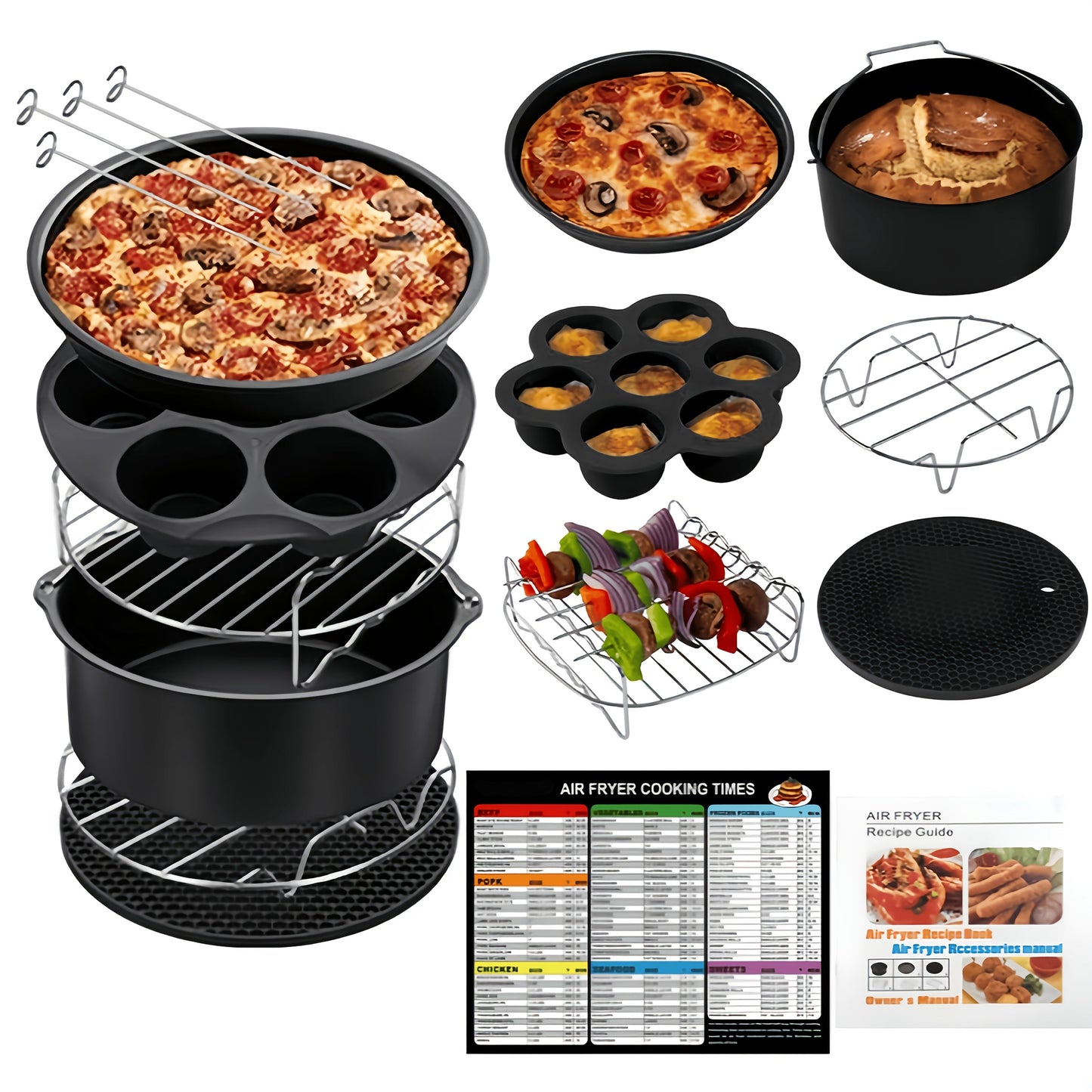 Get the 12-piece Air Fryer Accessory Kit featuring a 20.32cm Magnetic Cheat Sheet. The accessories are dishwasher safe, have a non-stick coating, and are compatible with 3.7QT to 6.8QT deep fryers. The kit also includes a recipe guide and an air fryer