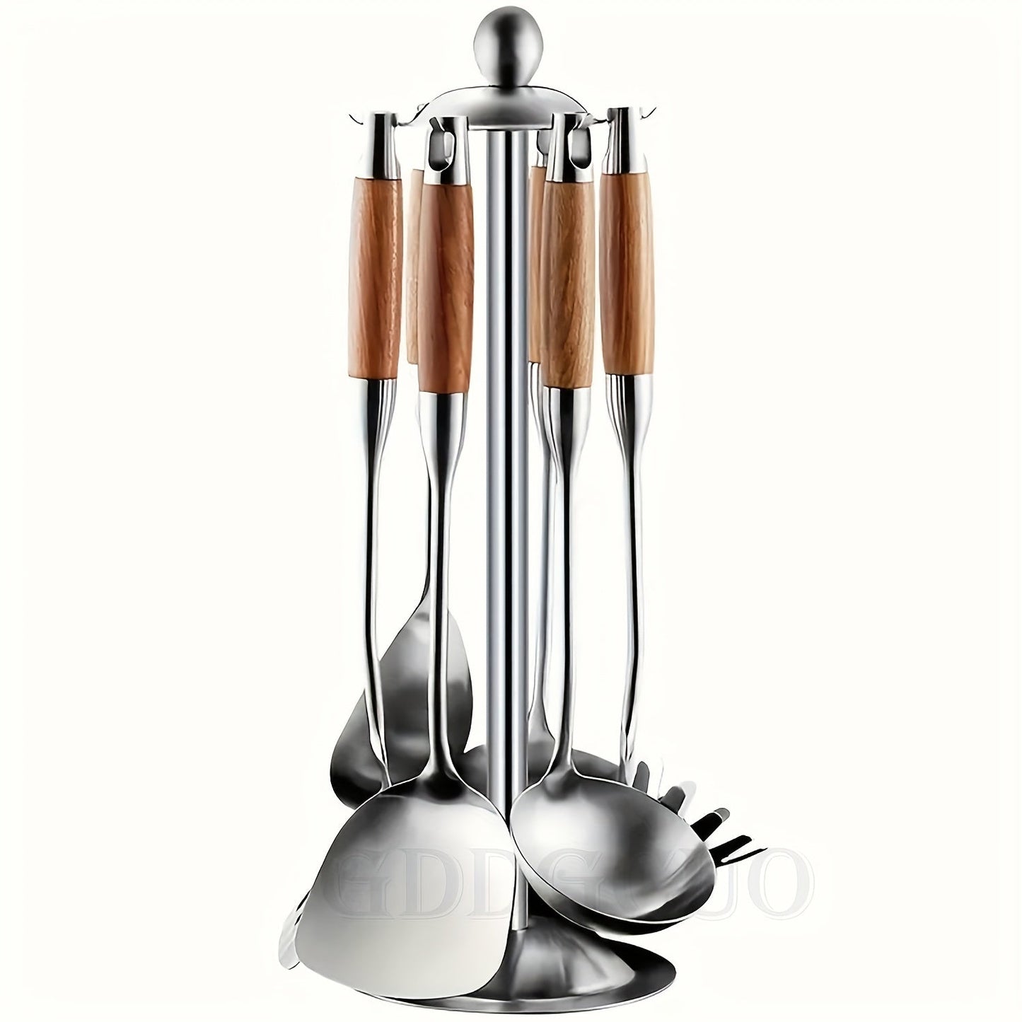 Seven pieces of cooking utensils made with durable 304 stainless steel, complete with a rotating stand storage box. The set includes a slotted spoon, slotted spatula, ladle, soup ladle, spreader, and spaghetti server.