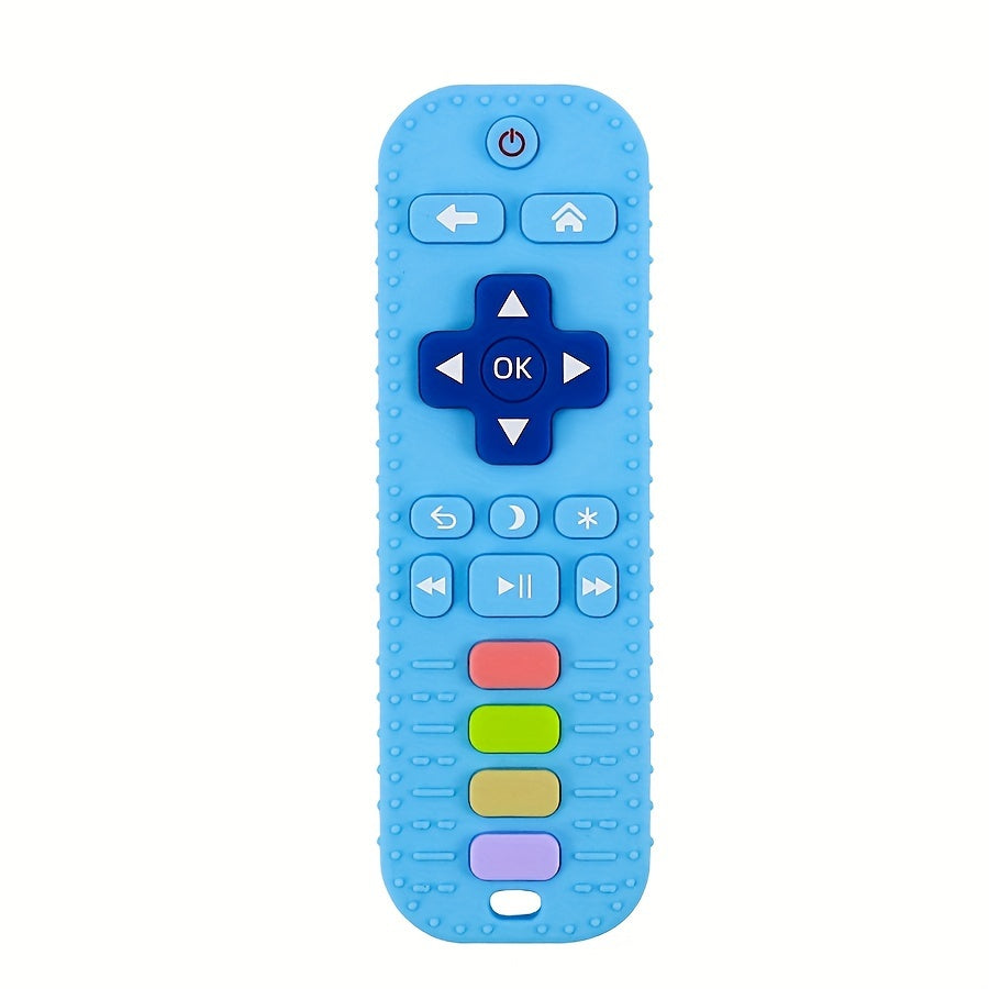 Soft silicone remote control teether toy, perfect holiday gift for youngsters. Safe, non-toxic, and battery-free. Available in pink, red, blue, and black.