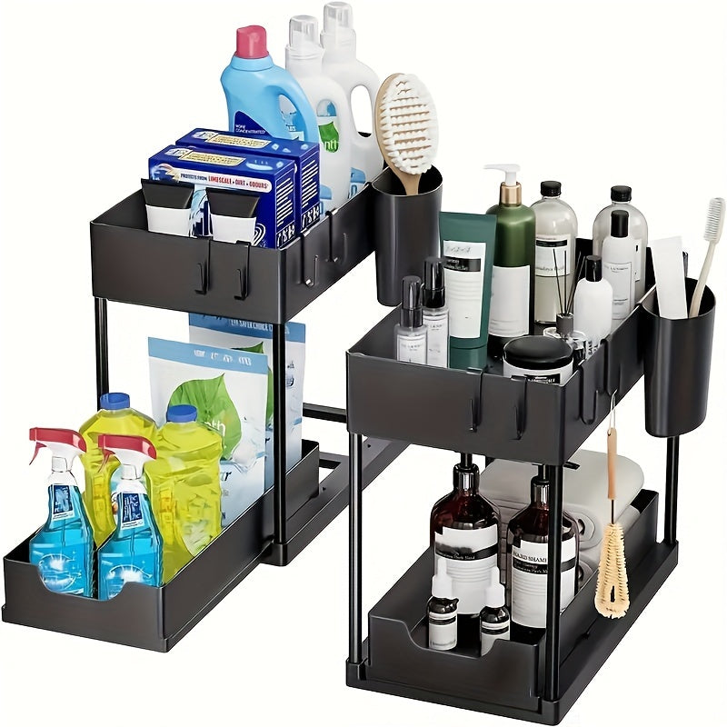 Pull-Out Drawer Under Sink Organizer with 2 Tiers, Plastic Sliding Cabinet Basket Featuring Hooks, Versatile Storage Rack for Bathroom and Kitchen, Ready to Use - No Assembly Needed