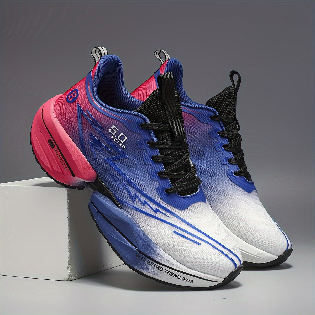 Stylish gradient blue to pink lace-up sneakers with breathable fabric, comfy EVA/TPR sole for gym, daily wear, and running.