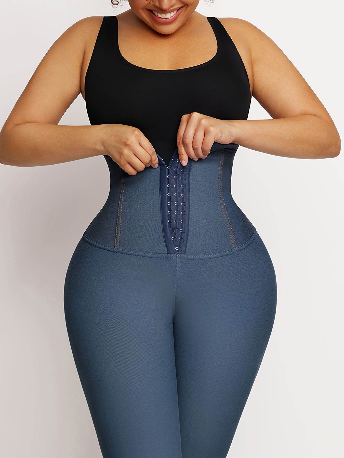 High-waist shapewear pants for women with tummy control and butt lifting features, slimming thigh support, made of stretchy polyester blend, hand washable.