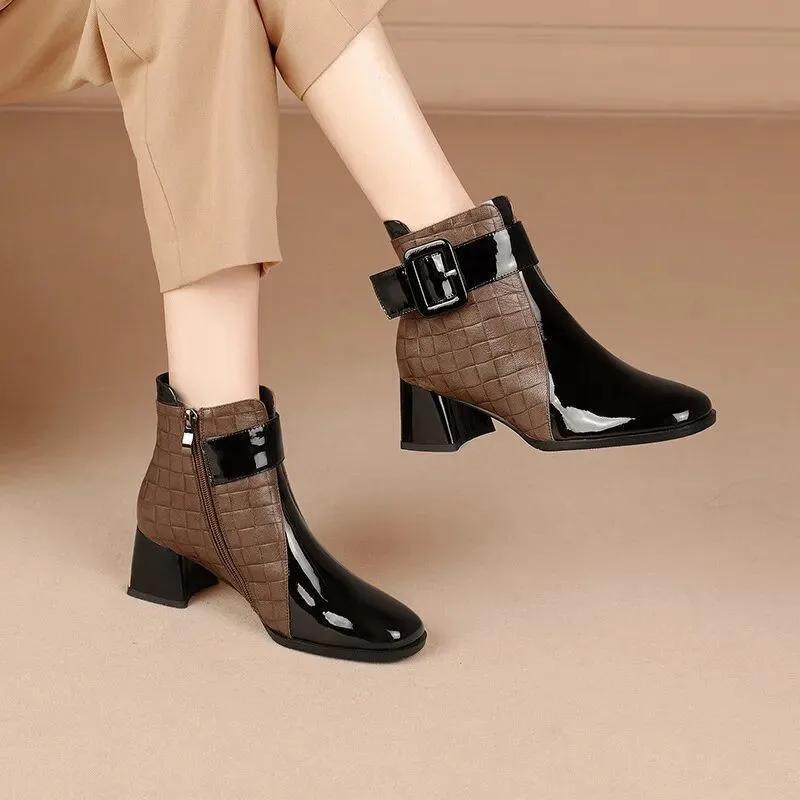 Stylish ankle boots with chunky heel, retro buckle design, side zipper, and comfortable PU cover.