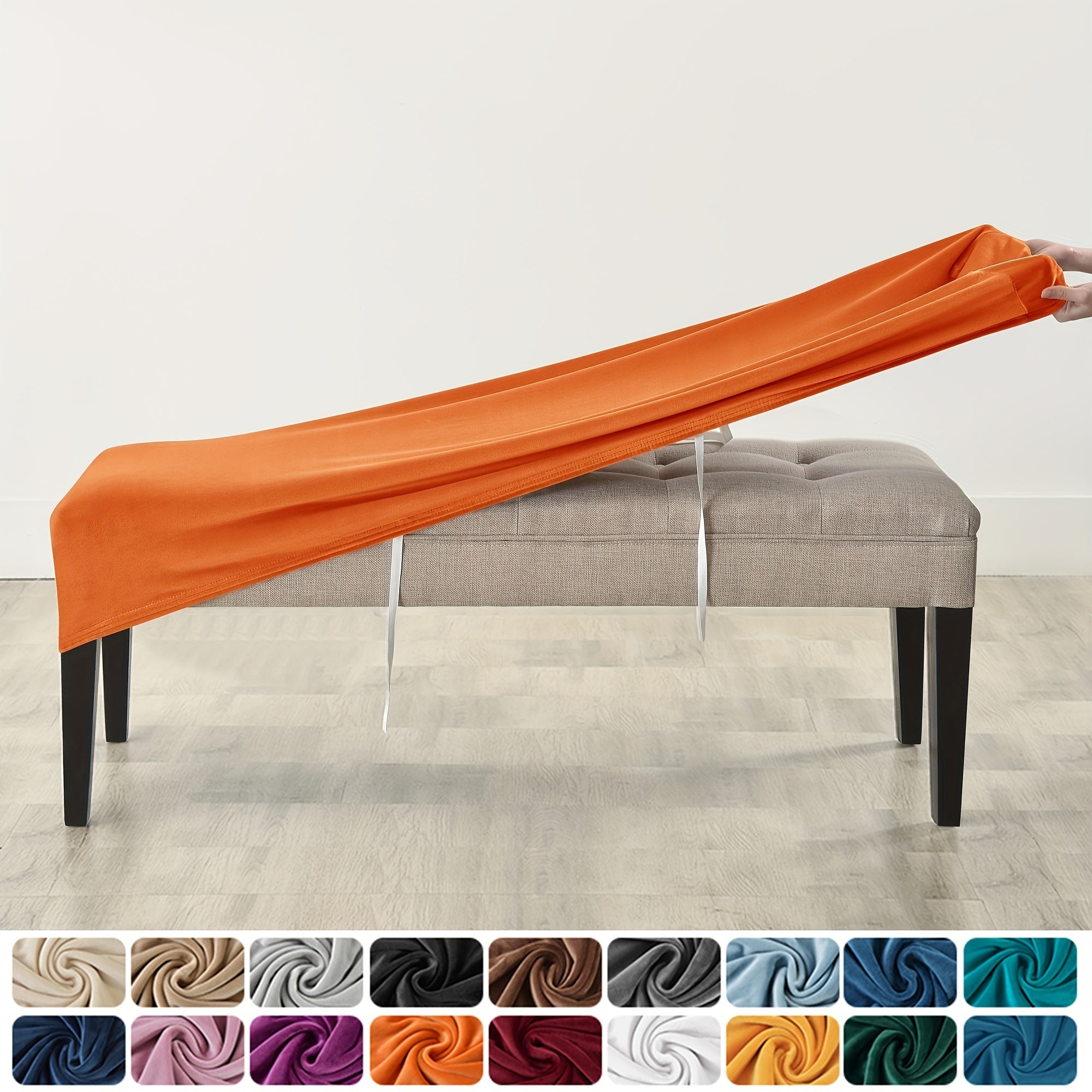 Washable and removable stretch bench cover protects seat from spills and stains in home, office, and hotel.