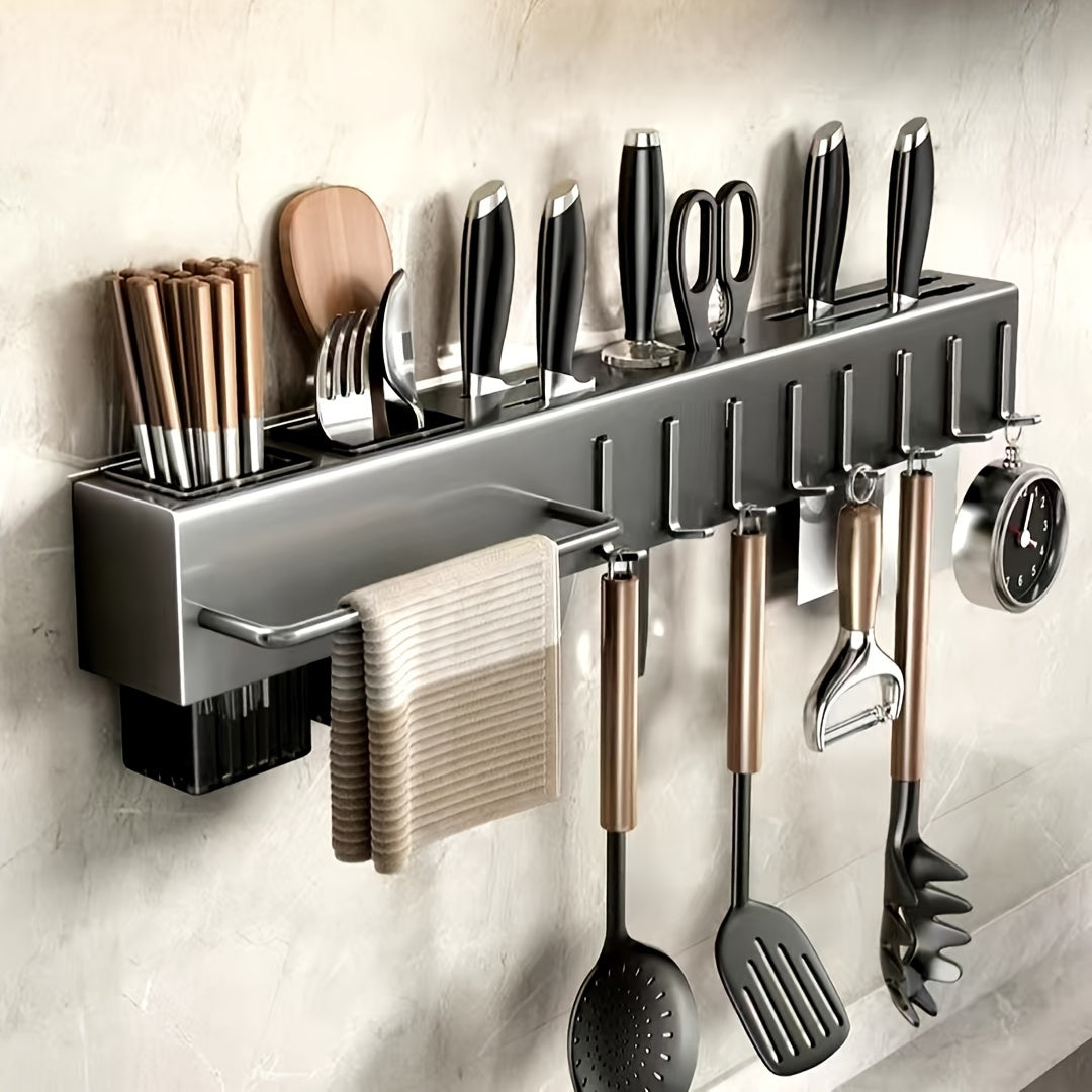 Wall-mounted carbon steel kitchen organizer featuring a no-drill design. This multi-functional rack is perfect for storing knives, forks, spoons, and chopsticks, with added features such as drainage and a towel holder.