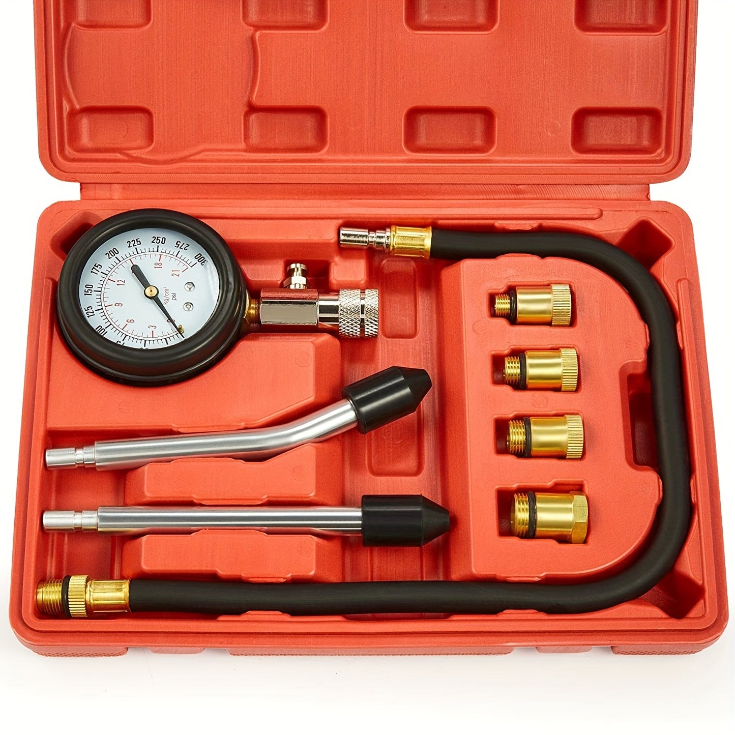 Aluminum alloy compression tester kit with adapters and 0-300PSI gauge for automotive diagnostic testing.