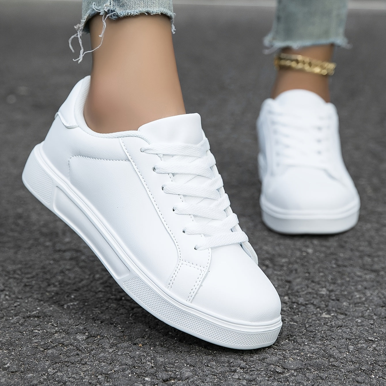 Women's white casual sneakers with lightweight design, soft EVA sole, and lace-up style - perfect for students and travel.