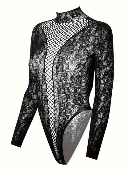 Sophisticated black lace bodysuit with fishnet detail, high neck, and long sleeves. Made of stretchy nylon fabric, hand washable. Sexy lingerie set for women.