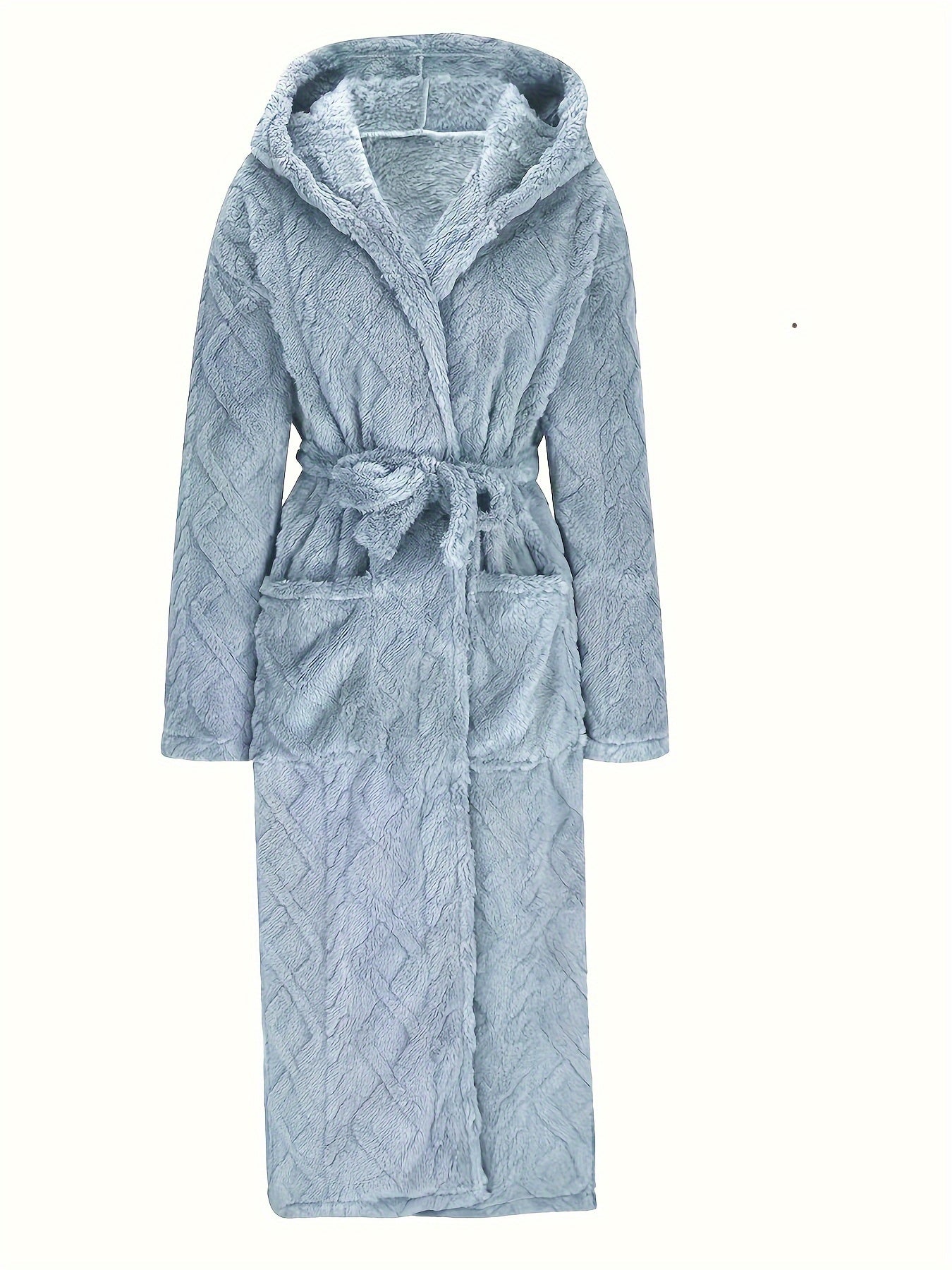 Men's over-the-knee bathrobe with thick fleece, V-neck, and blue quilted design for winter comfort.