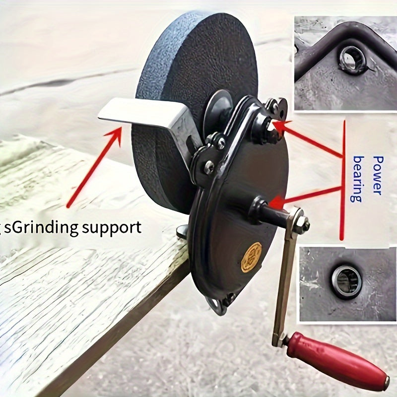 Manual hand crank sharpener with dual fine and coarse grit options for knives and scissors, made of durable metal construction and requires no power.