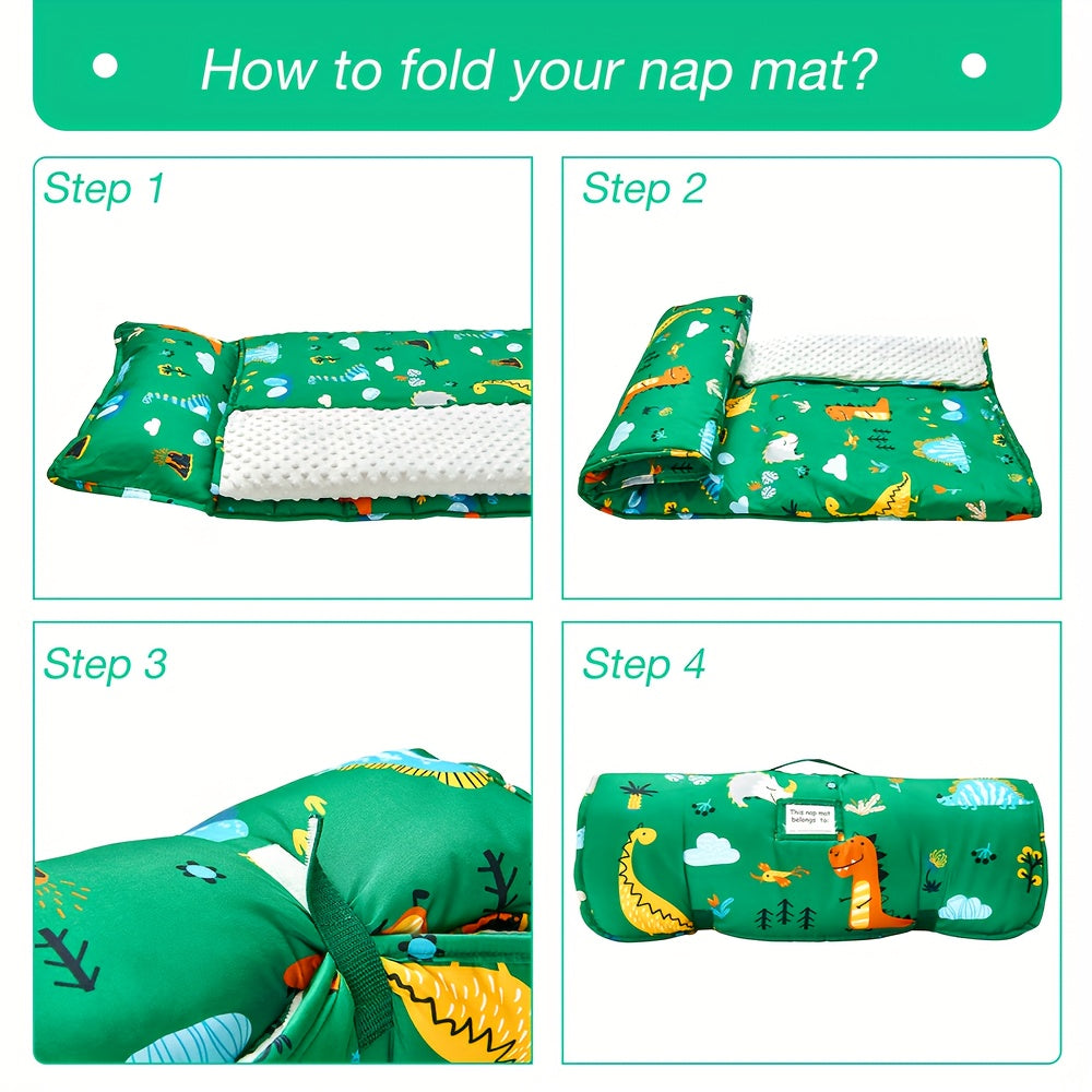 1 piece of BEEWEED Dinosaur Print Nap Mat including Pillow and Blanket, made of Polyester Sleeping Bag. It is Foldable & Portable, Moderately Soft, Non-Washable, suitable for Daycare, Travel, Camping, for children aged 3-6 Years. This would make an Ideal