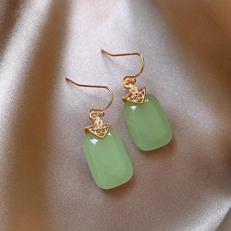 Elegant and Unique Natural Jade Square Earrings for Women, Featuring a Luxurious and High-End Design