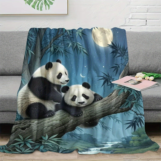 Soft and cozy all-season flannel throw blanket featuring a panda print on a moonlight scene. Perfect for gifting on holidays, birthdays, and Christmas. Made of 100% polyester, this blanket is perfect for bed, sofa, living room, or bedroom decor. Enjoy