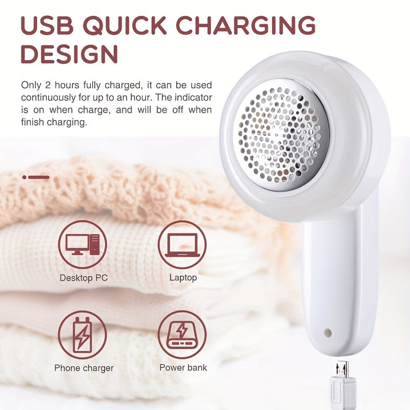 Portable and efficient USB rechargeable fabric shaver with cleaning brush for removing lint from sweaters, blankets, carpets, and upholstery.