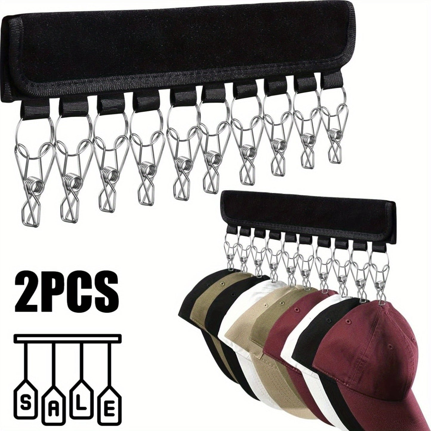 Polyester Hat Hangers - Set of 2, with 20 Stainless Steel Clips. 
This Portable Hanging Display is perfect for Winter Knit Caps, Baseball Caps, Ties, Socks, and Underwear. 
No Electricity Required, this Space-Saving Storage Solution is convenient and