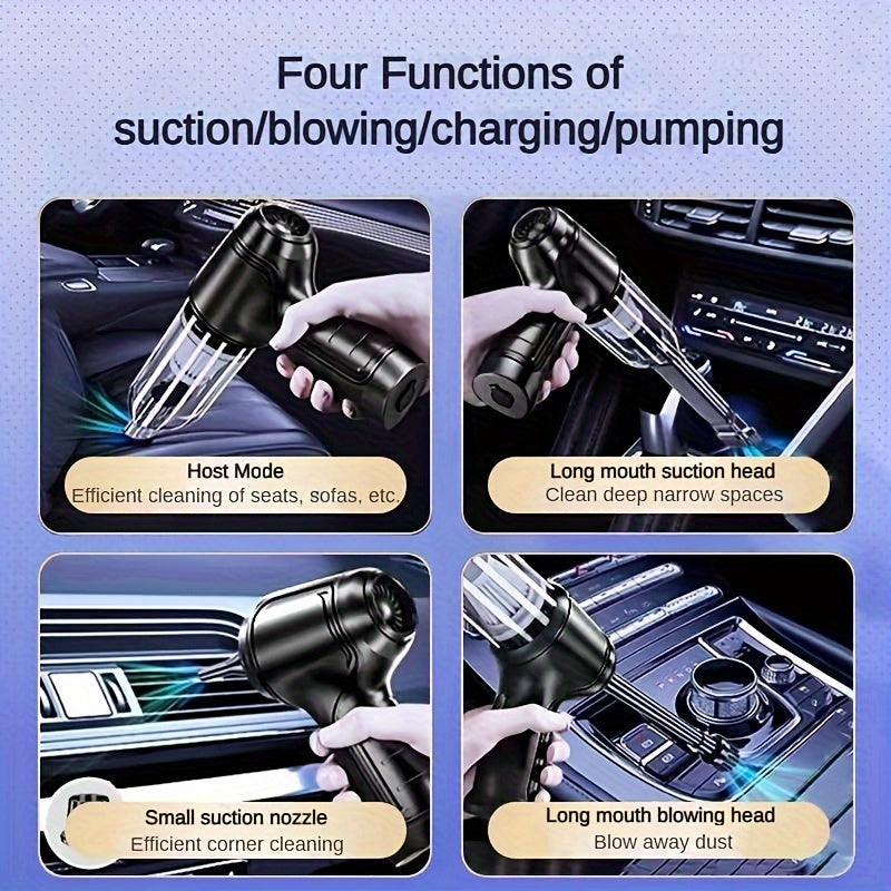 Multifunctional handheld vacuum cleaner can suck and blow dust, debris, pet hair, and is equipped with various accessories for different uses at home or in the car.