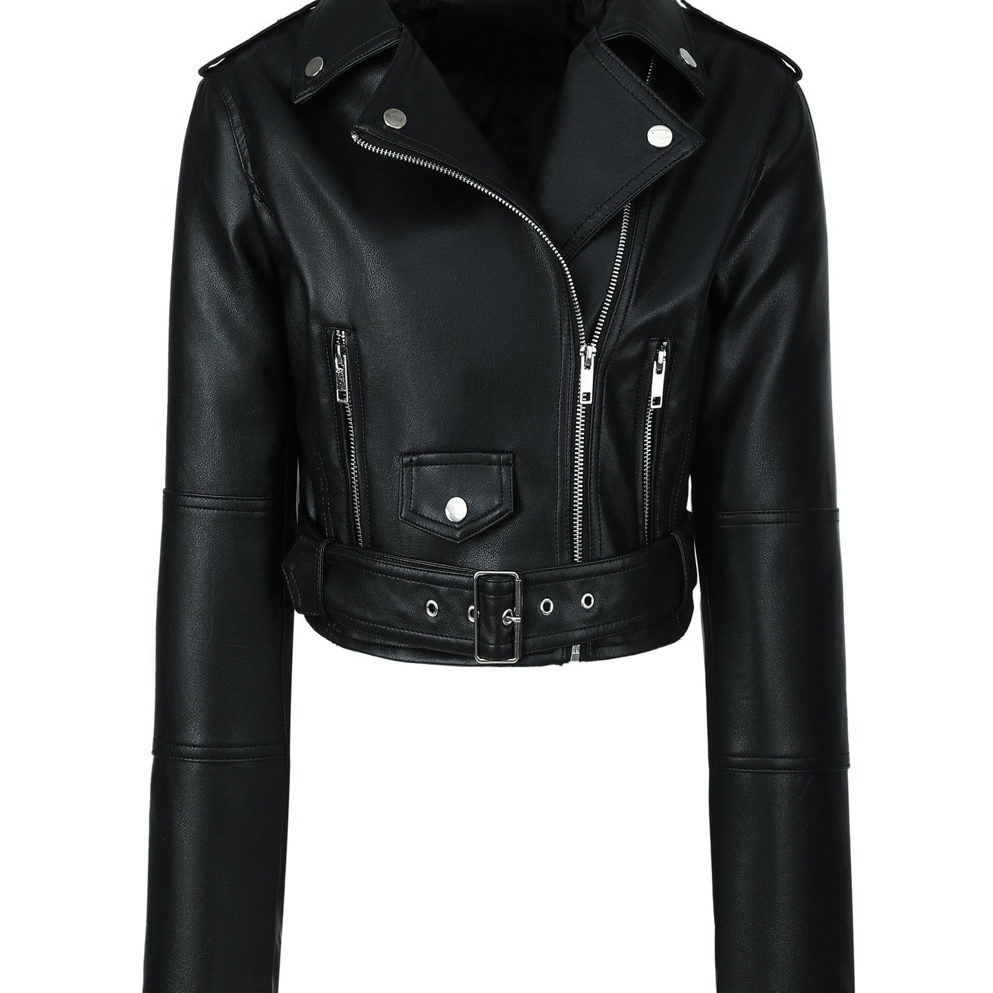 Stylish faux leather crop jacket for women, perfect for fall and spring weather.