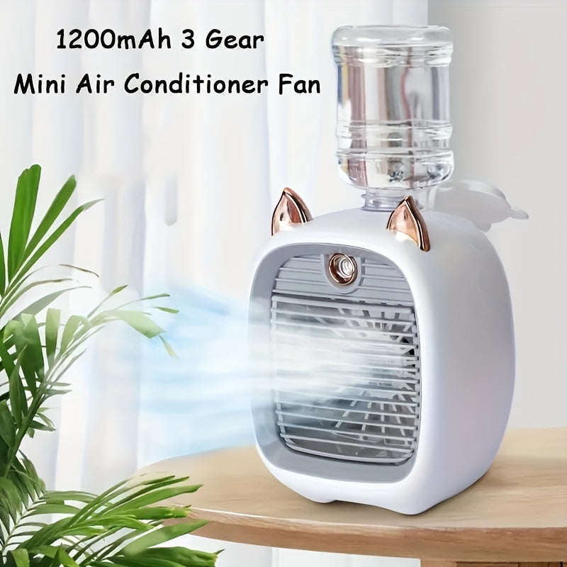 Mini air conditioning fan with USB charging and water-cooling feature, perfect for desktop use. Comes with three gears and a 1200mAh battery. Can also be used as a humidifier. Ideal as a family birthday gift for friends.