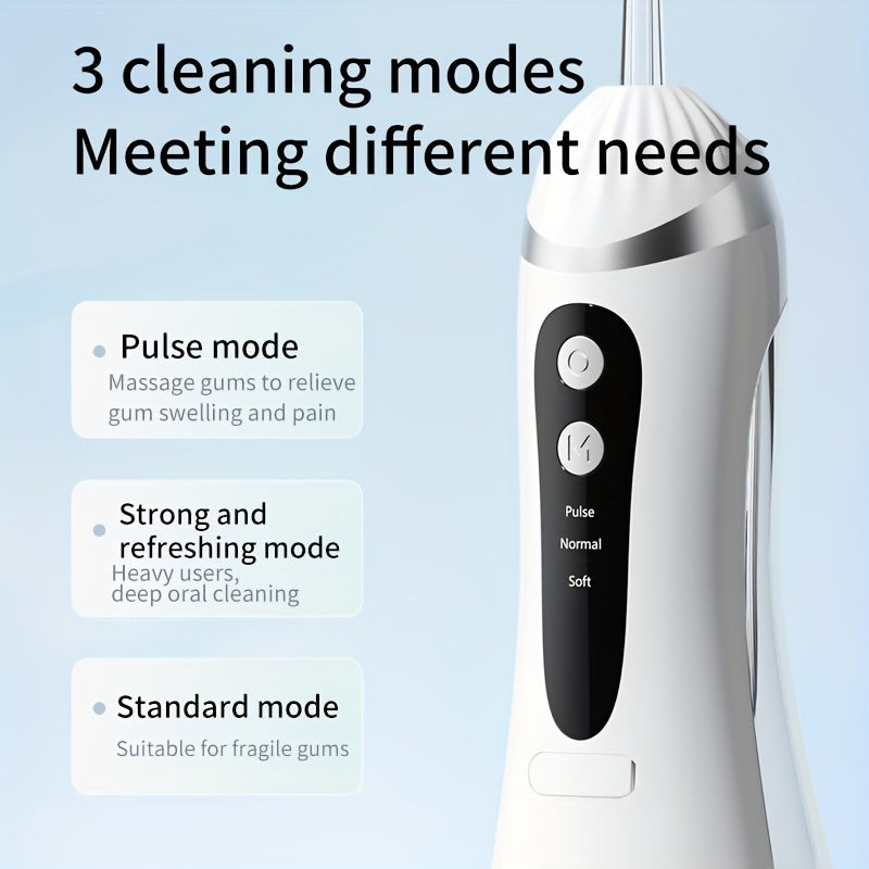 Wireless portable electric water flosser with 3 modes, large water tank. Comes with 1 main unit and 4 nozzles. Ideal for home or travel use.