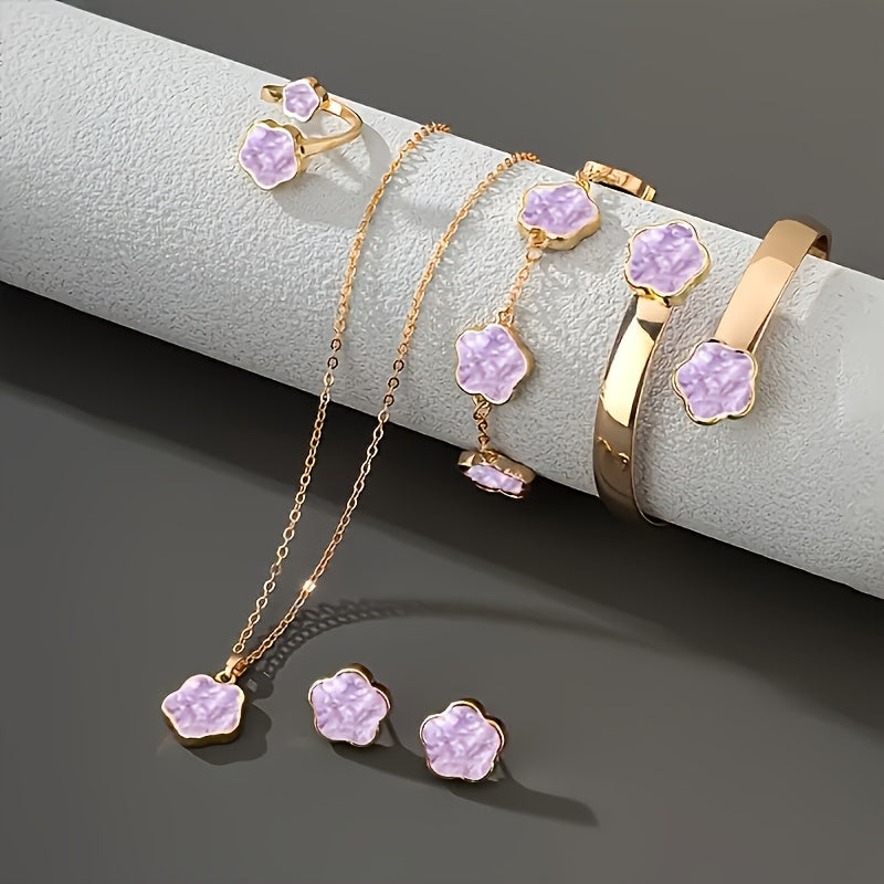 5-piece 2025 New Fashion Flower Jewelry Set for Women, including necklace, bracelet, earrings, ring, and bangle. Light luxury vintage style, ideal for various special occasions.