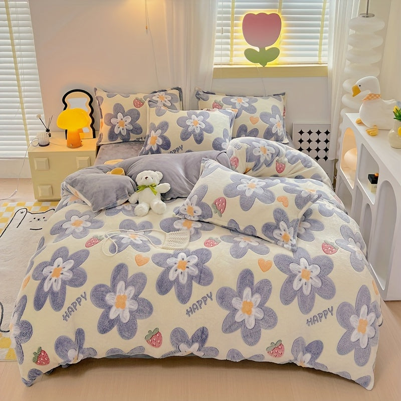 Velvet Duvet Cover Set with Flower Print, Includes 1 Duvet Cover and 2 Pillowcases - Soft and Warm Bedding Set for Autumn and Winter, Perfect for Bedroom or Guest Room