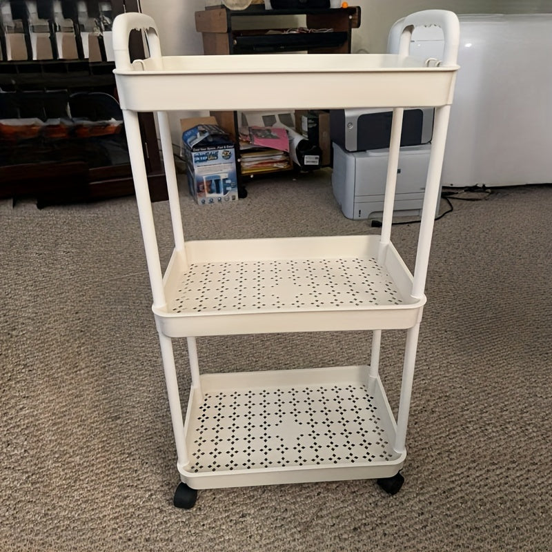 Multifunctional storage cart with wheels for dry and wet use in bedrooms, kitchens, and living rooms. Available in black and white, with two size options.